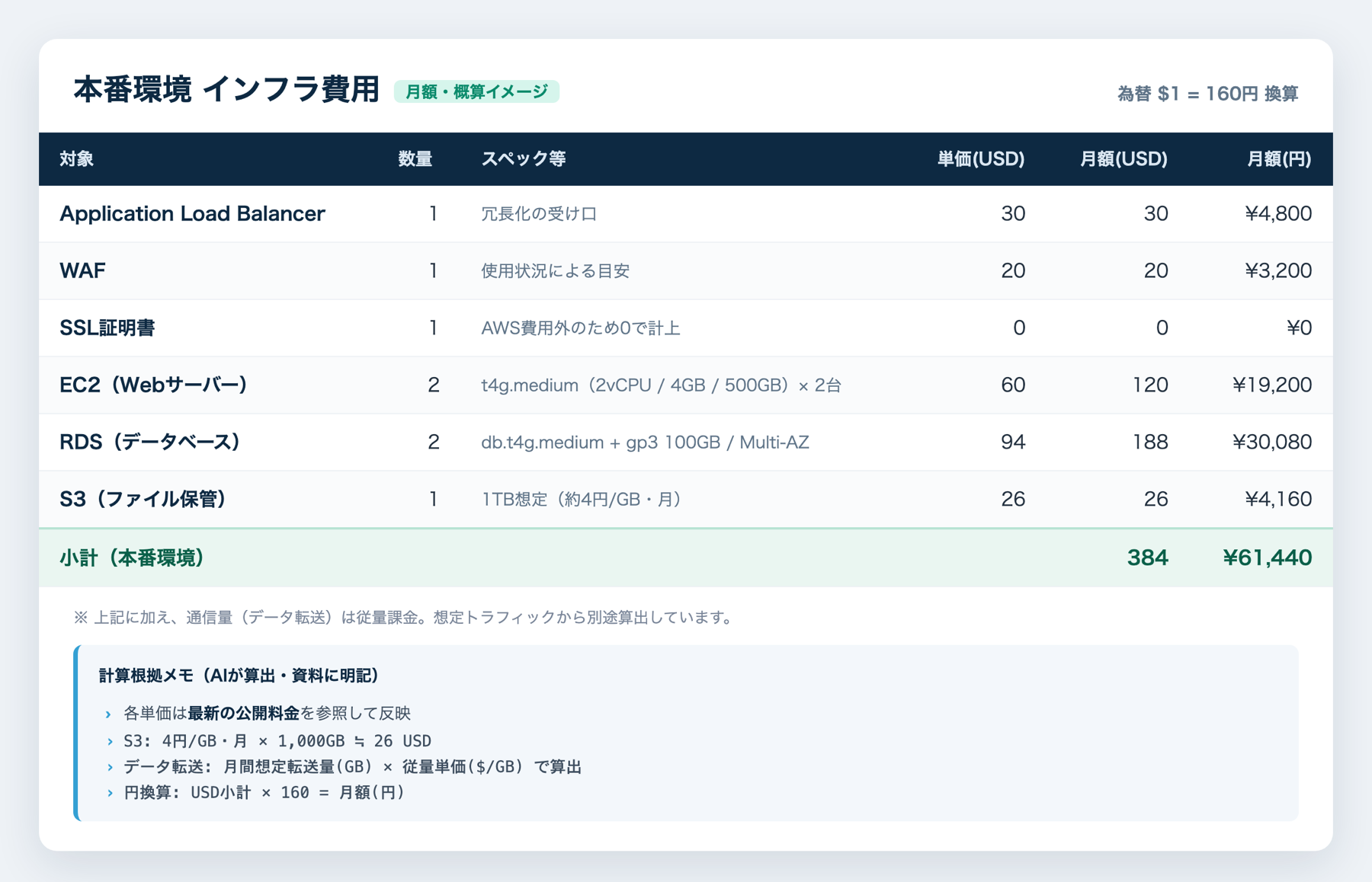 スペックと概算コストの一覧表(イメージ)